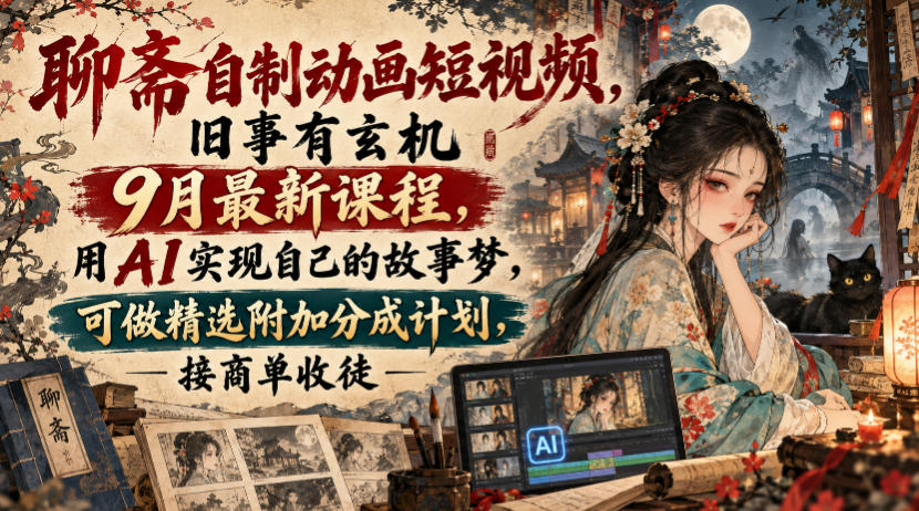 聊斋自制动画短视频,旧事有玄机9月最新课程,用AI实现自己的故事梦,可做精选附加分成计划,接商单收徒-百川聊项目