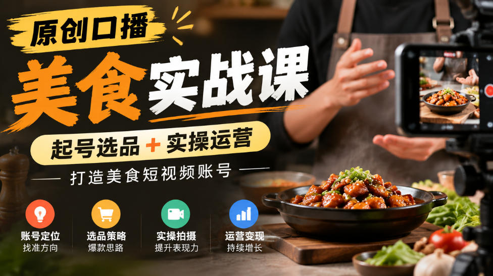 原创口播美食实战课，起号选品+实操运营，打造美食短视频账号-百川聊项目