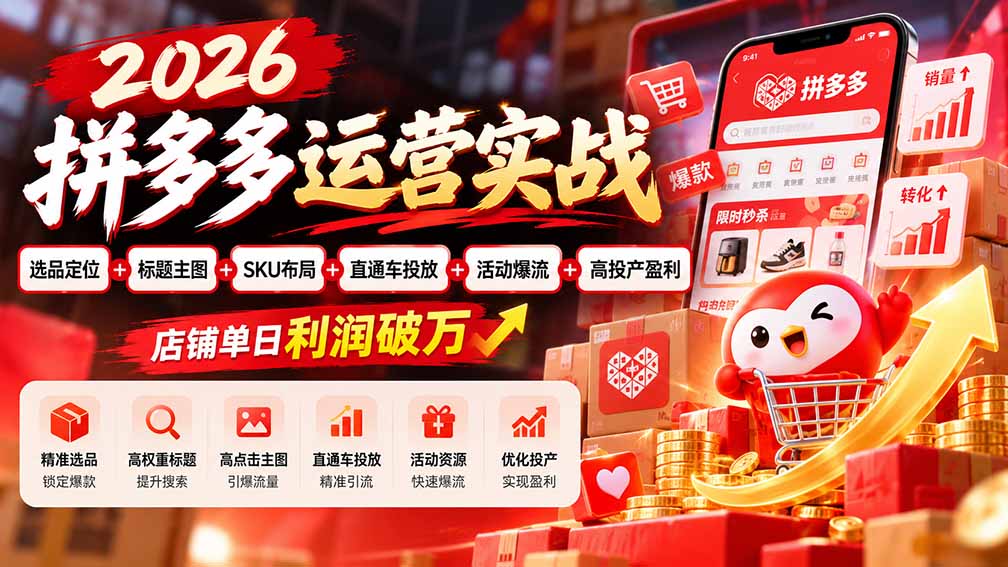 2026拼多多运营实战-更新1002：选品定位+标题主图+SKU布局+直通车投放+活动爆流+高投产盈利 店铺单日利润破万-百川聊项目