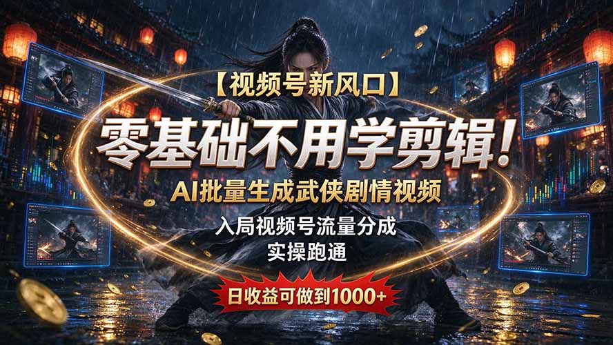 【视频号新风口】零基础不用学剪辑！AI 批量生成武侠剧情视频，入局视频号流量分成，实操跑通，日收益可做到 1000+-百川聊项目