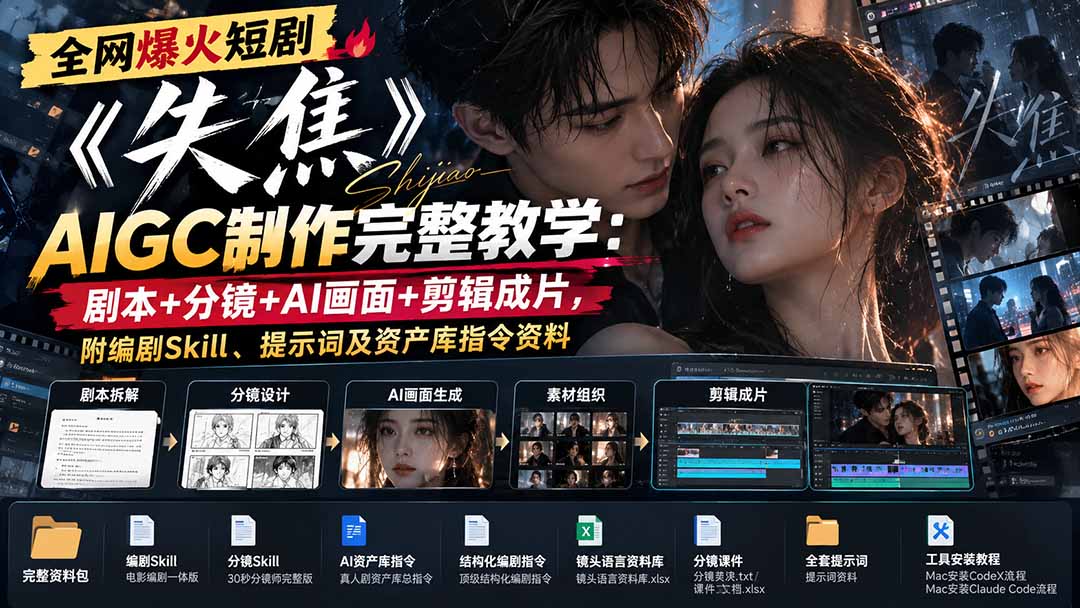 全网爆火短剧《失焦》AIGC制作完整教学:剧本+分镜+AI画面+剪辑成片,附编剧Skill、提示词及资产库指令资料-百川聊项目