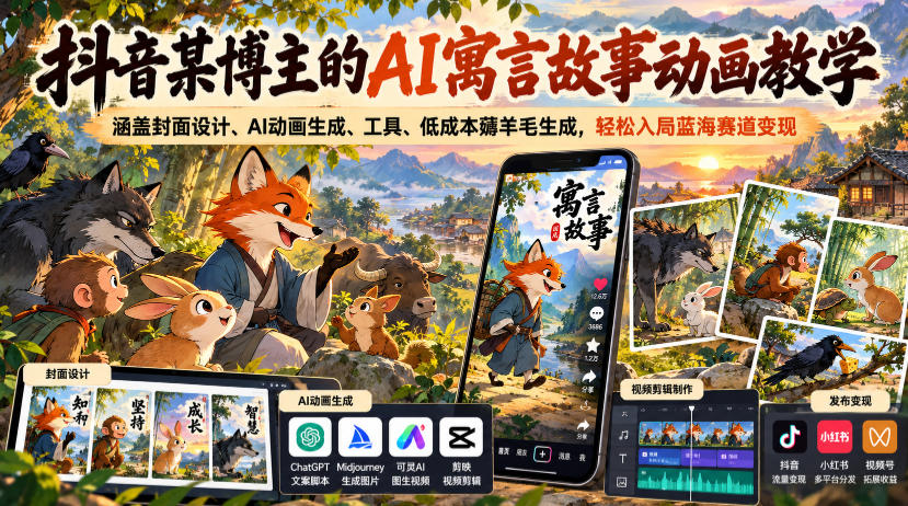 抖音某博主的AI寓言故事动画教学，涵盖封面设计、AI动画生成、工具、低成本薅羊毛生成，轻松入局蓝海赛道变现-百川聊项目