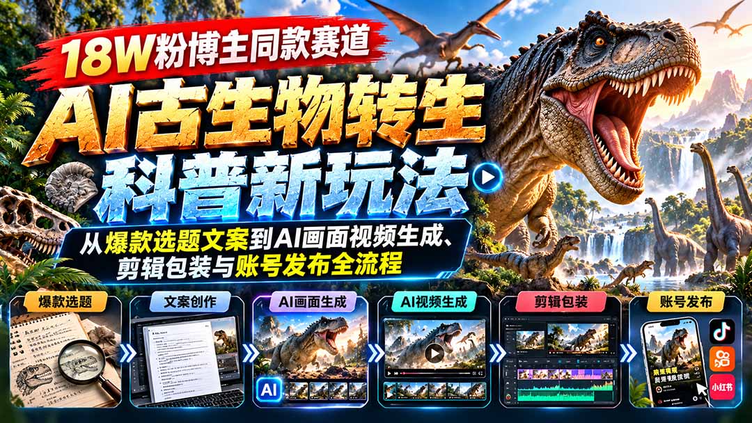 18W粉博主同款赛道-AI古生物转生科普新玩法：从爆款选题文案到AI画面视频生成、剪辑包装与账号发布全流程-百川聊项目
