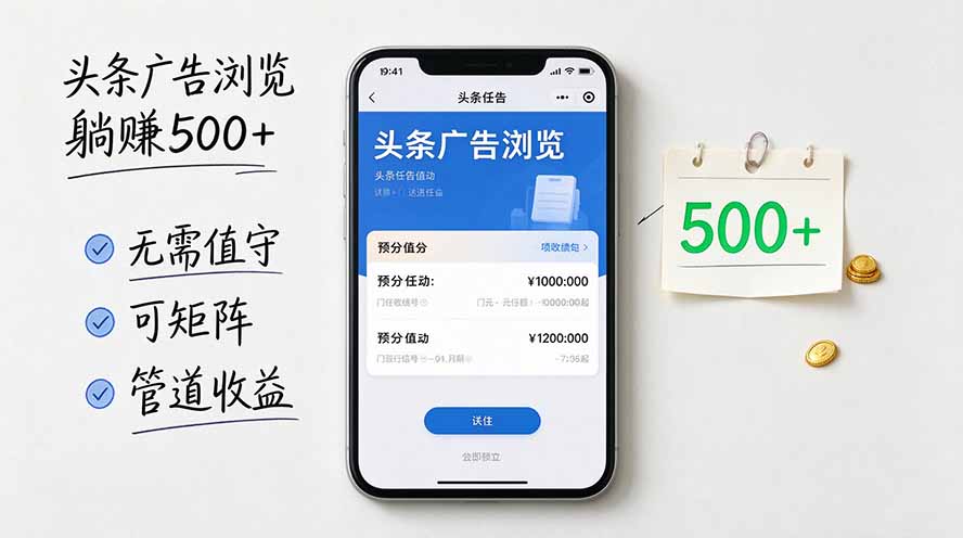 头条广告浏览躺赚500+无需值守，可矩阵并附有管道收益-百川聊项目