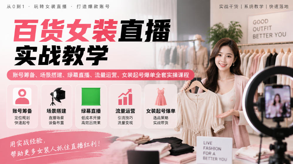 百货女装直播实战教学｜账号筹备、场景搭建、绿幕直播、流量运营、女装起号爆单全套实操课程-百川聊项目