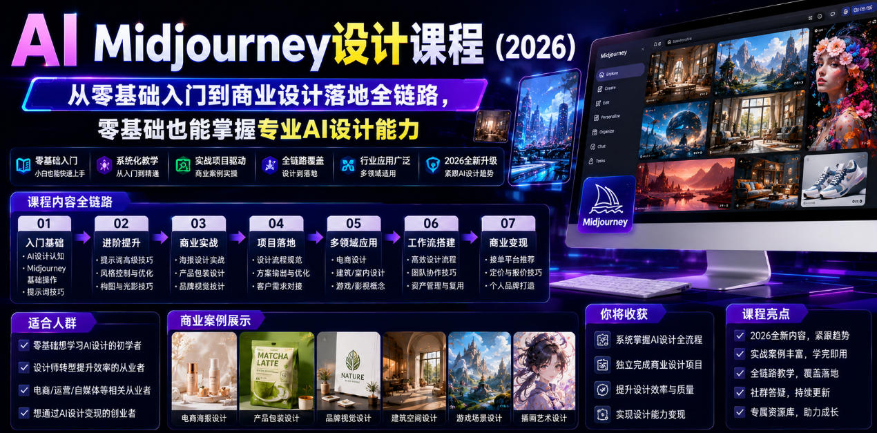 AI Midjourney设计课程(2026),从零基础入门到商业设计落地全链路,零基础也能掌握专业AI设计能力(更新1007)-百川聊项目