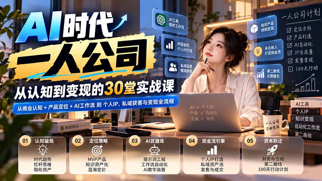 【无水印】AI时代一人公司30堂实战课：从商业认知+产品定位+AI工作流到个人IP、私域获客与变现全流程-百川聊项目