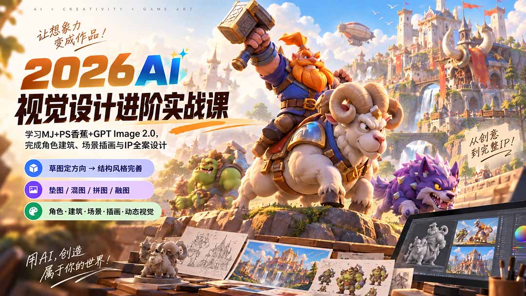 2026AI视觉设计进阶实战课-更新1007：学习MJ+PS香蕉+GPT Image 2.0，完成角色建筑、场景插画与IP全案设计-百川聊项目