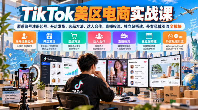 TikTok美区电商实战课，覆盖账号注册起号、开店发货、选品方法、达人合作、直播投流、独立站搭建、外贸私域引流全模块-百川聊项目