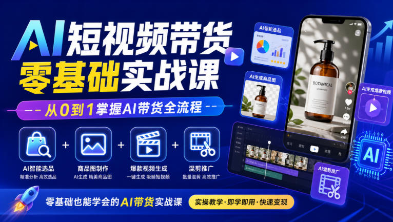 AI短视频带货零基础实战课｜AI智能选品+商品图制作+爆款视频生成+混剪推广，从0到1掌握AI带货全流程-百川聊项目