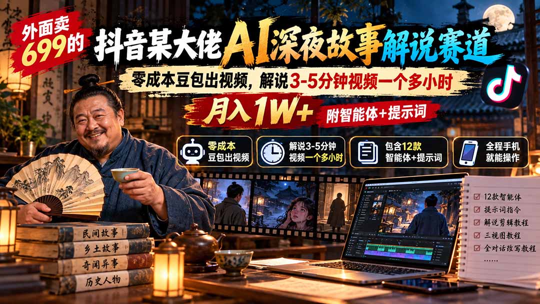 外面卖699抖音某大佬AI深夜故事解说赛道-更新：0成本豆包出视频+解说3-5分钟视频一个多小时，月入1W+附智能体+提示词-百川聊项目
