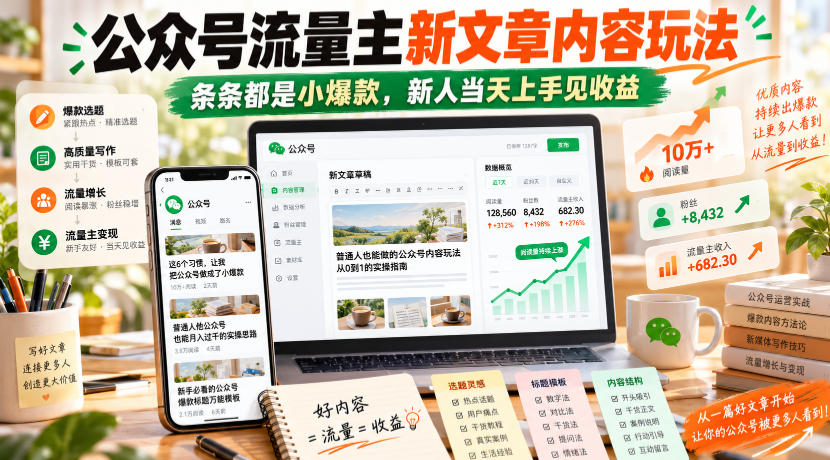 公众号流量主新文章内容玩法，条条都是小爆款，新人当天上手见收益-百川聊项目