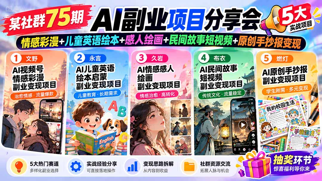 某社群75期AI副业项目分享会：情感彩漫+儿童英语绘本+感人绘画+民间故事短视频+原创手抄报变现-百川聊项目