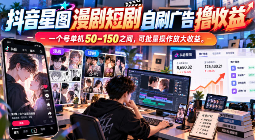 抖音星图漫剧短剧自刷广告撸收益,一个号单机50-150之间,可批量操作放大收益-百川聊项目