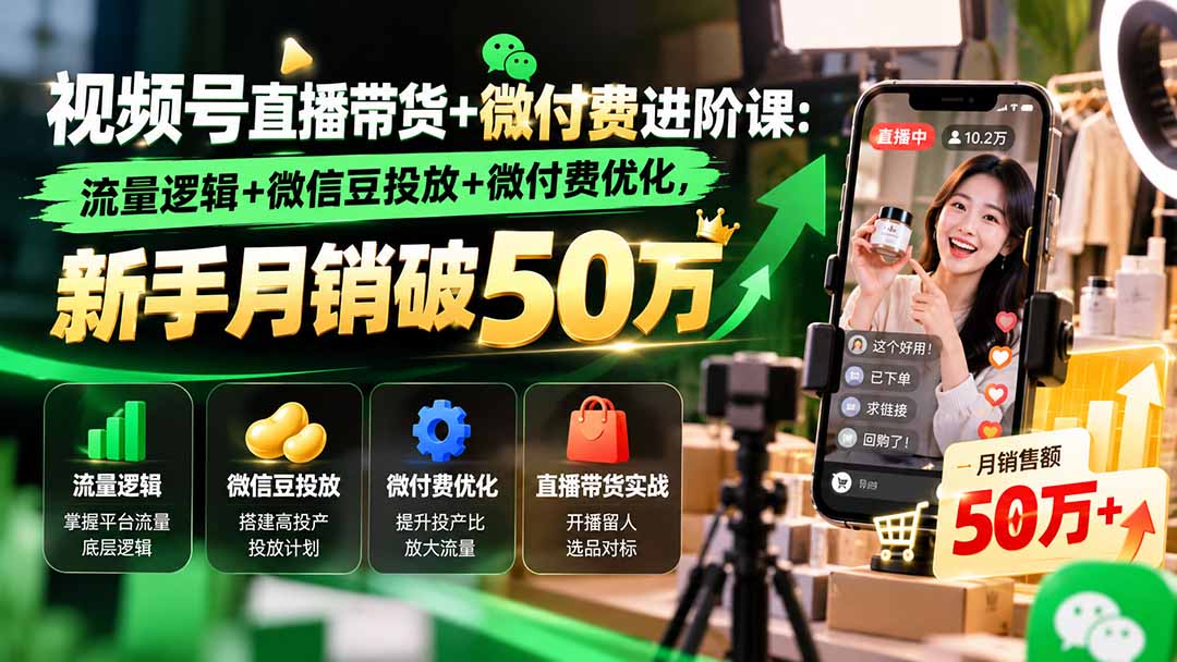 视频号直播带货+微付费进阶课-更新1010：流量逻辑+微信豆投放+微付费优化，新手月销破50万-百川聊项目