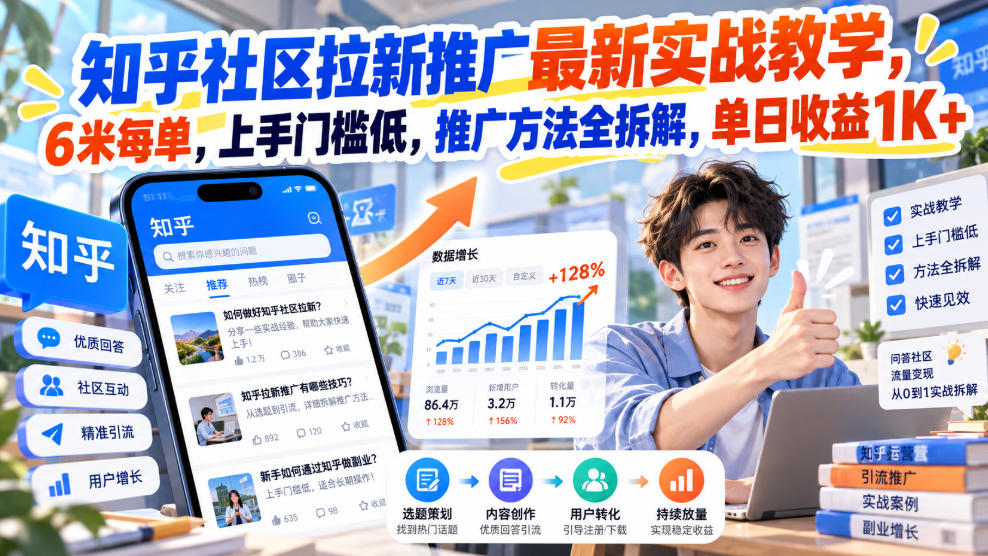 知乎社区拉新推广最新实战教学,6米每单,上手门槛低,推广方法全拆解,单日收益1K+!(更新1010)