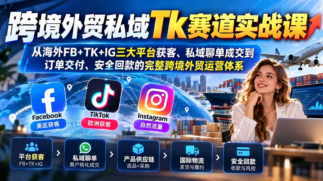 跨境外贸私域Tk赛道实战课：从海外FB+TK+IG三大平台获客、私域聊单成交到订单交付、安全回款的完整跨境外贸运营体系-百川聊项目