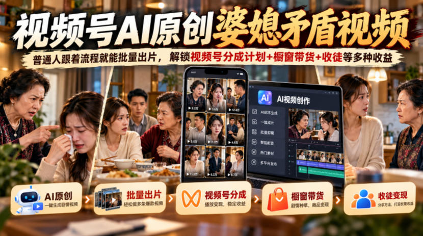 视频号ai原创婆媳矛盾视频,普通人跟着流程就能批量出片,解锁视频号分成计划+橱窗带货+收徒等多种收益-百川聊项目