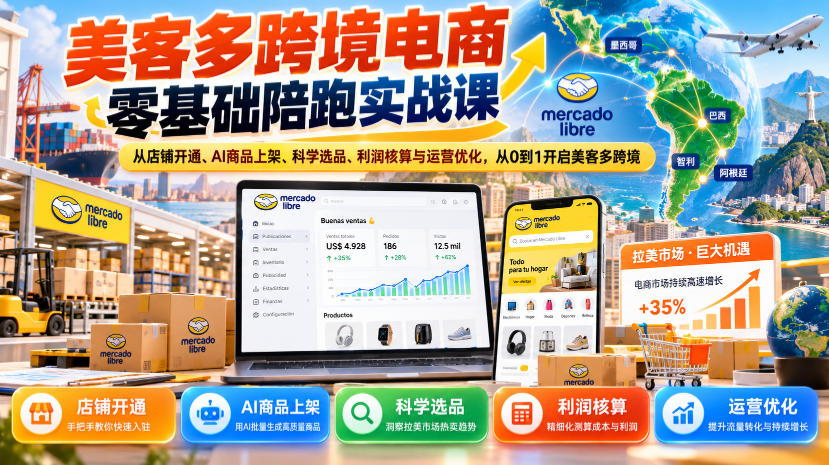美客多跨境电商零基础陪跑实战课：从店铺开通、AI商品上架、科学选品、利润核算与运营优化，从0到1开启美客多跨境-百川聊项目