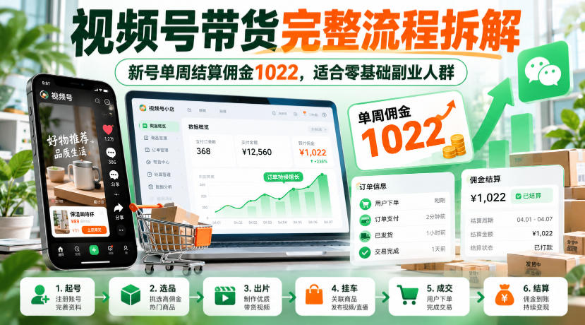 视频号带货完整流程拆解，新号单周结算佣金1022，适合零基础副业人群-百川聊项目