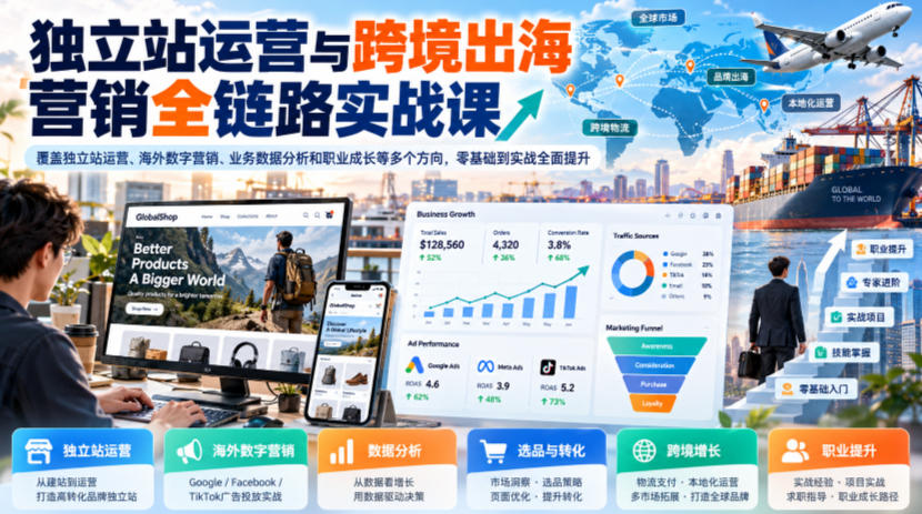 独立站运营与跨境出海营销全链路实战课，覆盖独立站运营、海外数字营销、业务数据分析和职业成长等多个方向，零基础到实战全面提升-百川聊项目