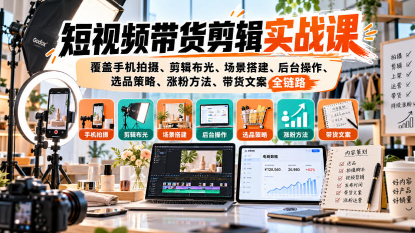 短视频带货剪辑实战课，覆盖手机拍摄、剪辑布光、场景搭建、后台操作、选品策略、涨粉方法、带货文案全链路-百川聊项目