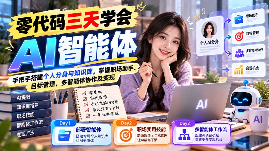 【无水印】零代码三天学会AI智能体：手把手搭建个人分身与知识库，掌握职场助手、目标管理、多智能体协作及变现-百川聊项目