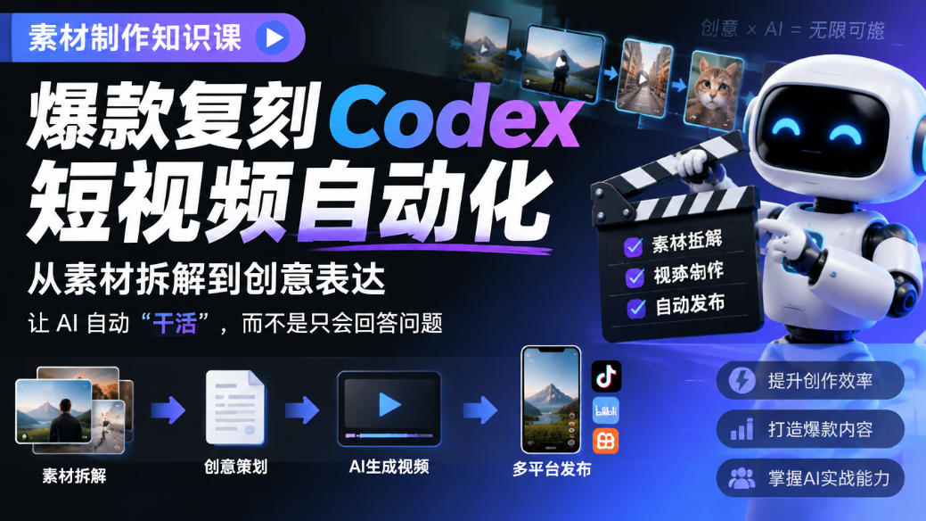 素材制作知识课,爆款复刻Codex短视频自动化,从素材拆解到创意表达,让AI自动“干活”,而不是只会回答问题-百川聊项目