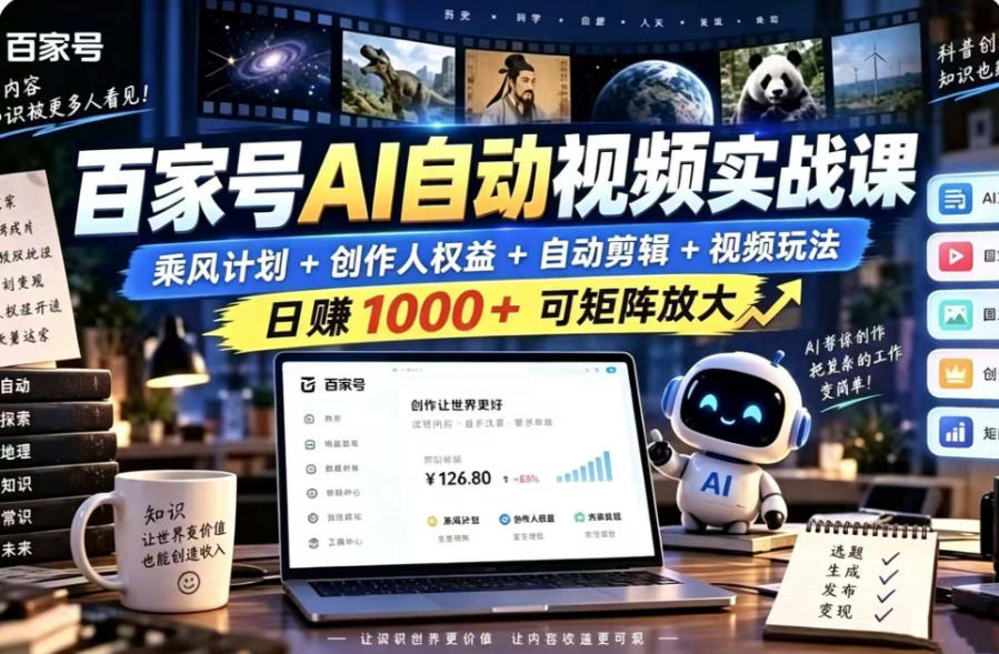 百家号自动矩阵玩法，长期可以做的项目，日入1k+，真正的睡后收入-百川聊项目