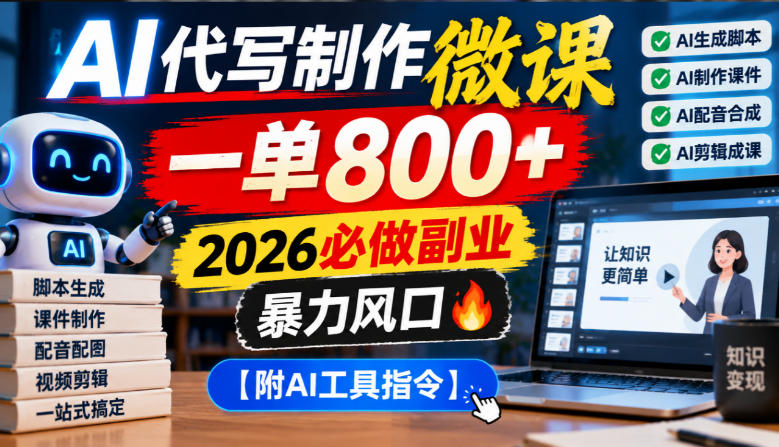 AI代写制作微课，一单800+，2026必做副业，暴力风口【附AI工具指令】【揭秘】-百川聊项目