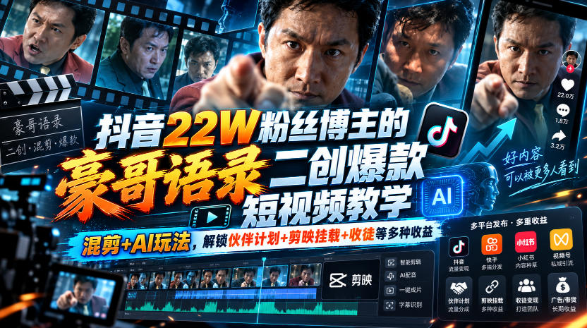 抖音22W粉丝博主的豪哥语录二创爆款短视频教学,混剪+AI玩法,解锁伙伴计划+剪映挂载+收徒等多种收益-百川聊项目