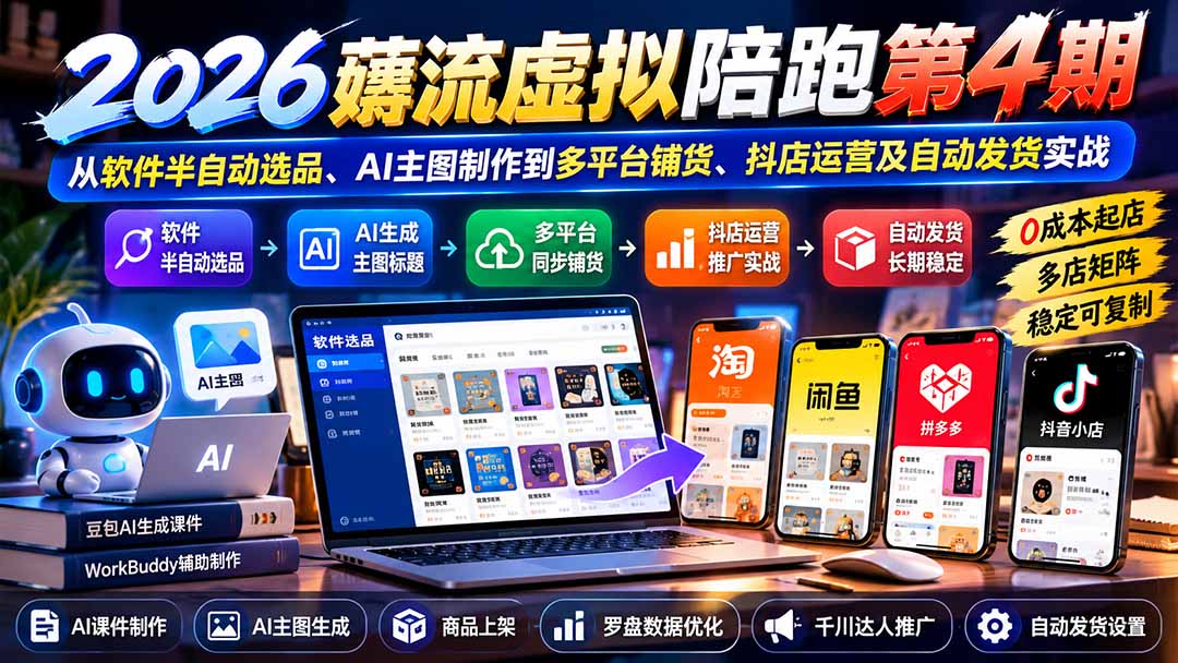 2026薅流虚拟陪跑第4期：从软件半自动选品、AI主图制作到多平台铺货、抖店运营及自动发货实战-百川聊项目