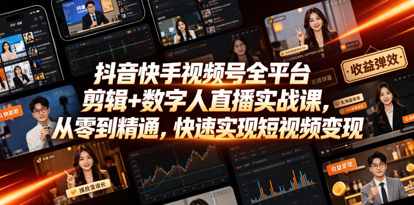 抖音快手视频号全平台剪辑+数字人直播实战课，从零到精通，快速实现短视频变现(更新2026年10月)​-百川聊项目