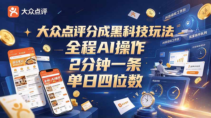 大众点评分成全网独家玩法,AI 全自动出内容,2 分钟一条,小白可冲单日四位数-百川聊项目