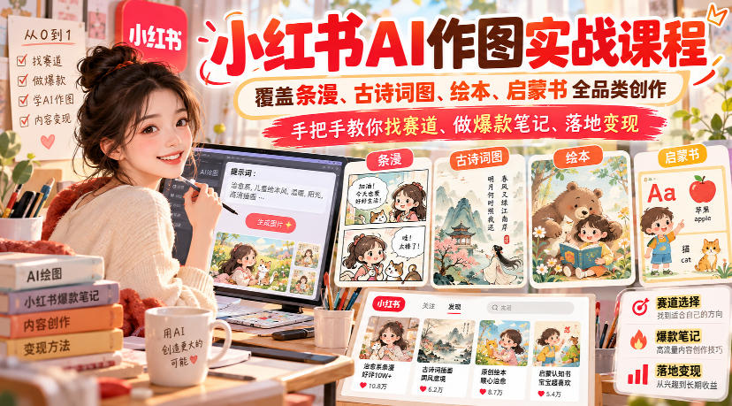小红书AI作图实战课程,覆盖条漫、古诗词图、绘本、启蒙书全品类创作,手把手教你找赛道、做爆款笔记、落地变现(更新1017)-百川聊项目