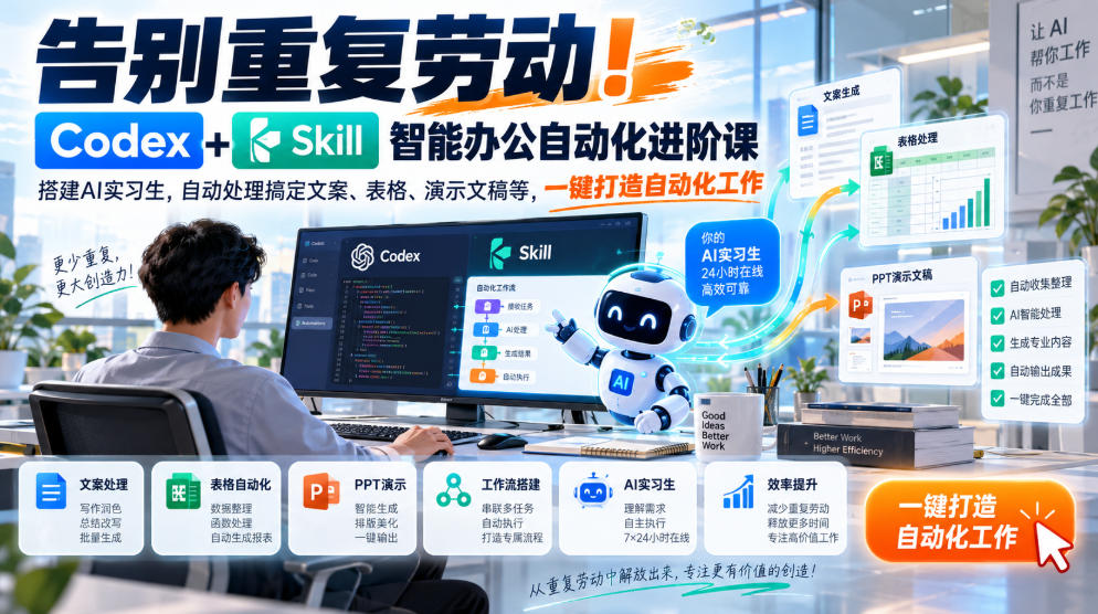 告别重复劳动！Codex+Skill智能办公自动化进阶课｜搭建AI实习生，自动处理搞定文案、表格、演示文稿等，一键打造自动化工作-百川聊项目