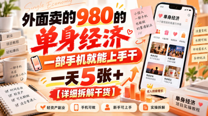 外面卖的980的单身经济，一部手机就能上手干，一天5张+【详细拆解干货】-百川聊项目