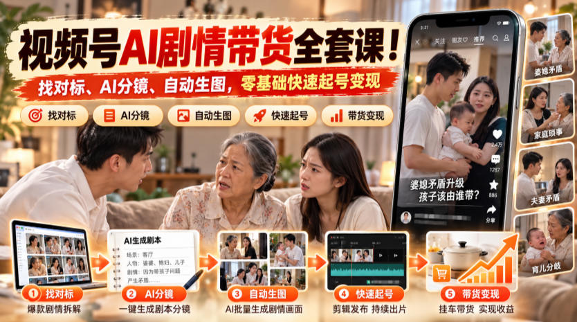 视频号AI剧情带货全套课！找对标、AI分镜、自动生图，零基础快速起号变现-百川聊项目