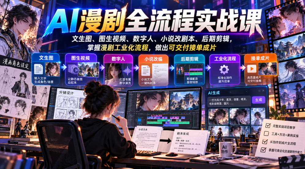 AI漫剧全流程实战课，文生图、图生视频、数字人、小说改剧本、后期剪辑，掌握漫剧工业化流程，做出可交付接单成片-百川聊项目