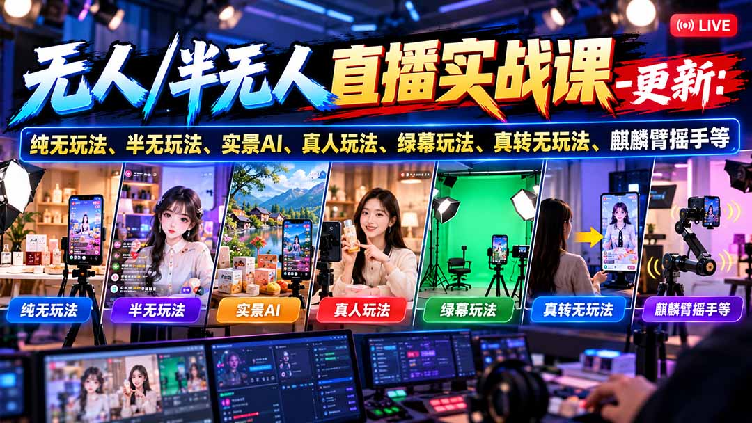 无人/半无人直播实战课-10月20更新:纯无玩法、半无玩法、实景AI、真人玩法、绿幕玩法、真转无玩法、麒麟臂摇手等-百川聊项目