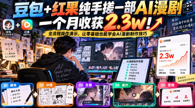 豆包+红果纯手搓一部AI漫剧一个月收获2.3w！全流程操作演示，让零基础也能学会AI漫剧制作技巧-百川聊项目
