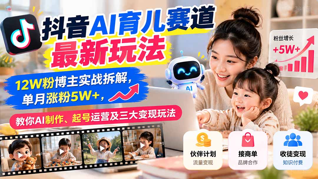 抖音AI育儿赛道最新玩法：12W粉博主实战拆解，单月涨粉5W+，教你AI制作、起号运营及三大变现玩法-百川聊项目