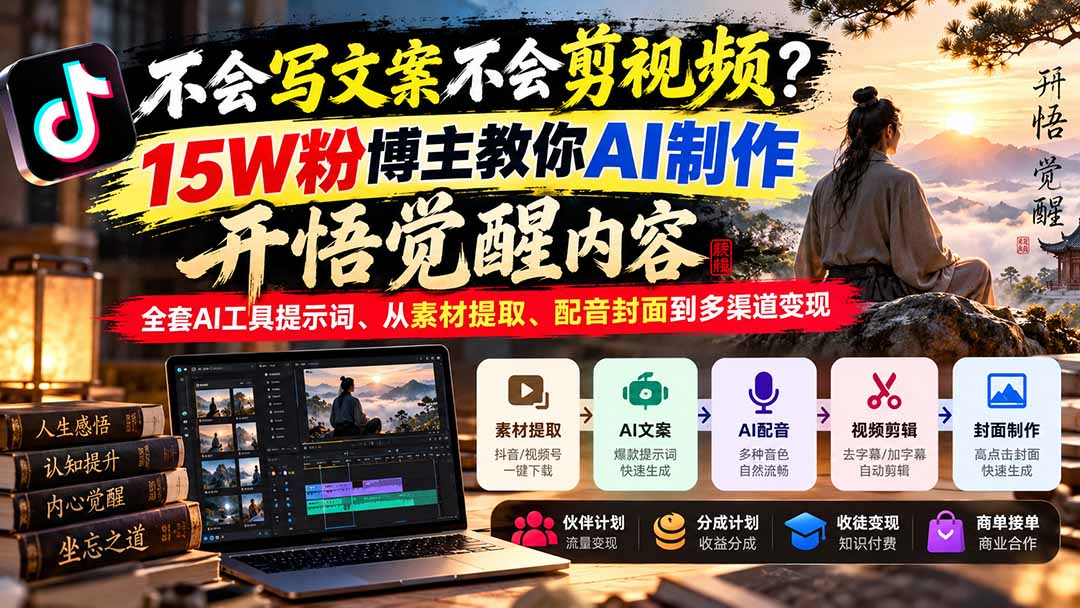 不会写文案不会剪视频?15W粉博主教你AI制作开悟觉醒内容,全套AI工具提示词、从素材提取、配音封面到多渠道变现-百川聊项目