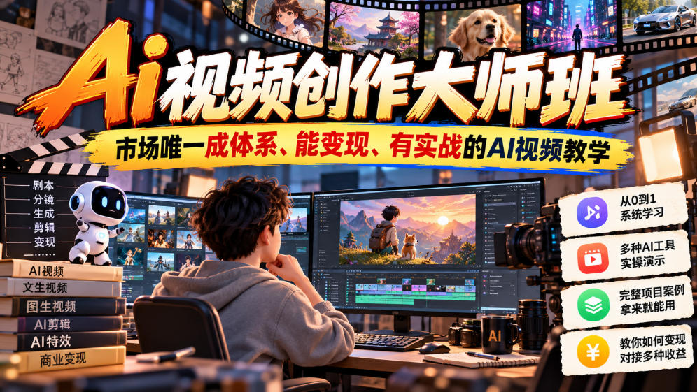 Ai视频创作大师班，市场唯一成体系、能变现、有实战的AI视频教学(更新2026)-百川聊项目