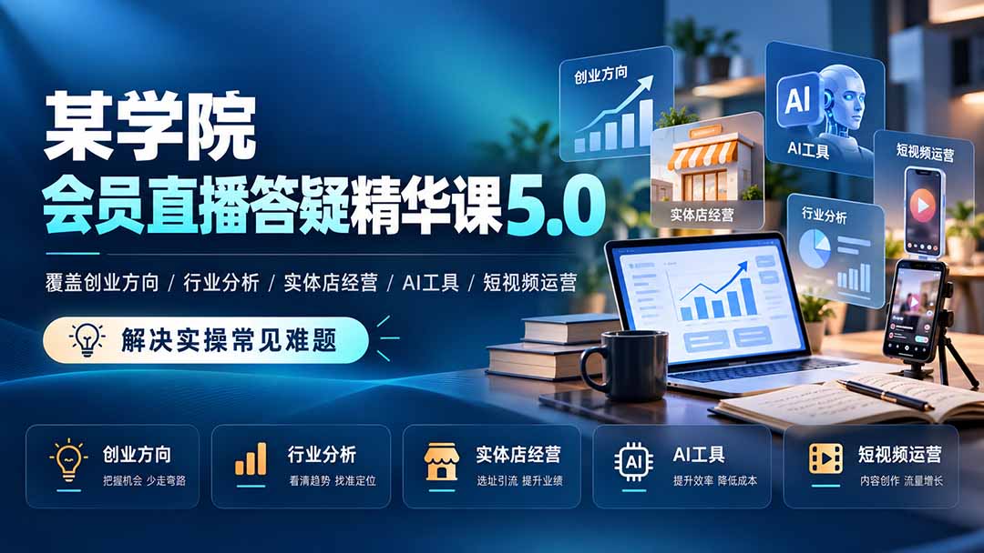 某学院会员直播答疑精华课5.0:覆盖创业方向、行业分析、实体店经营、AI工具和短视频运营,解决实操常见难题!-百川聊项目
