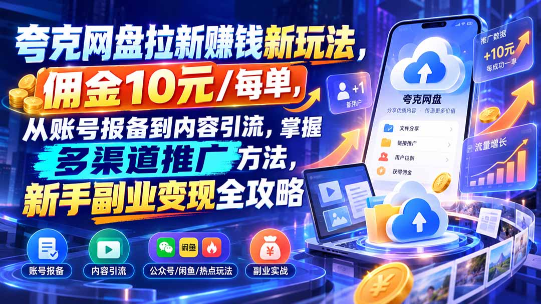 夸克网盘拉新赚钱新玩法，佣金10元/每单，从账号报备到内容引流，掌握多渠道推广方法，新手副业变现全攻略-百川聊项目