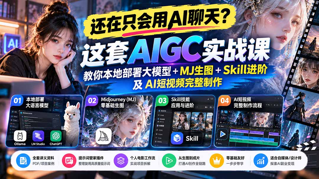 【无水印】还在只会用AI聊天?这套AIGC实战课教你本地部署大模型+MJ生图+Skill进阶及AI短视频完整制作-百川聊项目