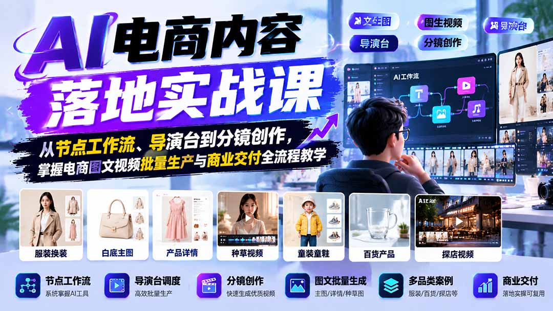 AI电商内容落地实战课:从节点工作流、导演台到分镜创作,掌握电商图文视频批量生产与商业交付全流程教学-百川聊项目