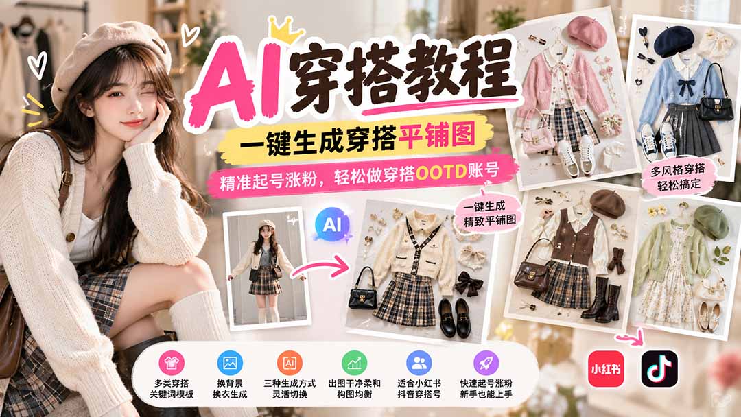 【无水印】AI穿搭教程｜一键生成穿搭平铺图，精准起号涨粉，轻松做穿搭OOTD账号-百川聊项目
