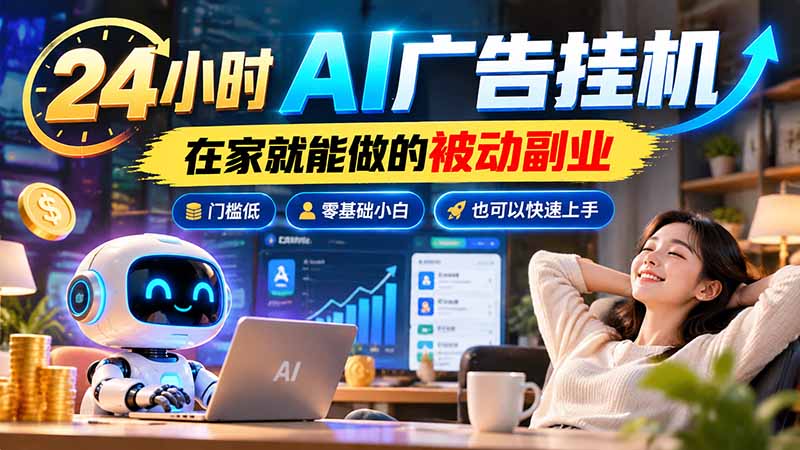24小时AI广告挂机｜在家就能做的被动副业，门槛低，零基础小白也可以快速上手-百川聊项目